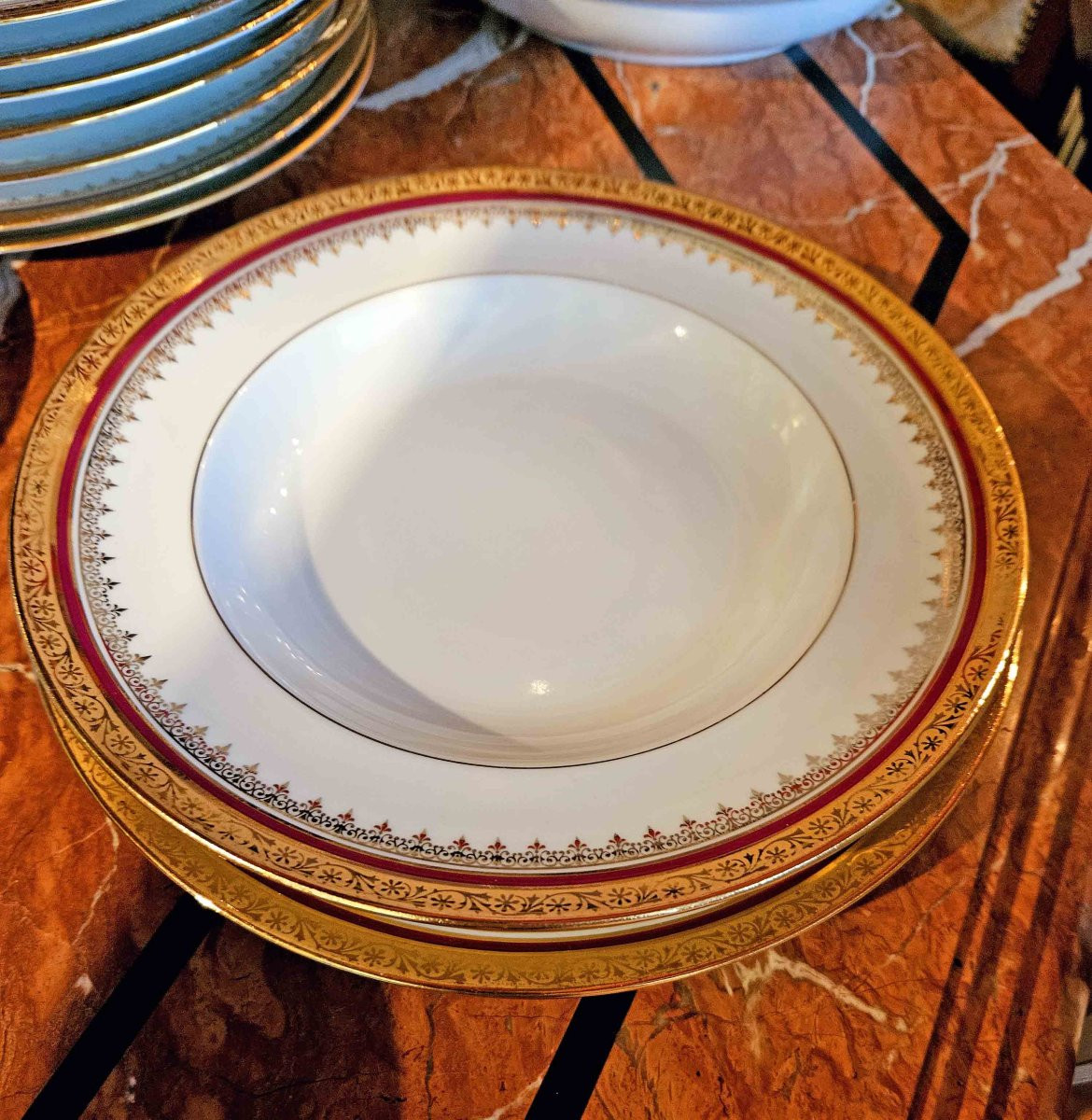 Georges Boyer Porcelain Dinner Service Part With Red And Gold Trim-photo-4