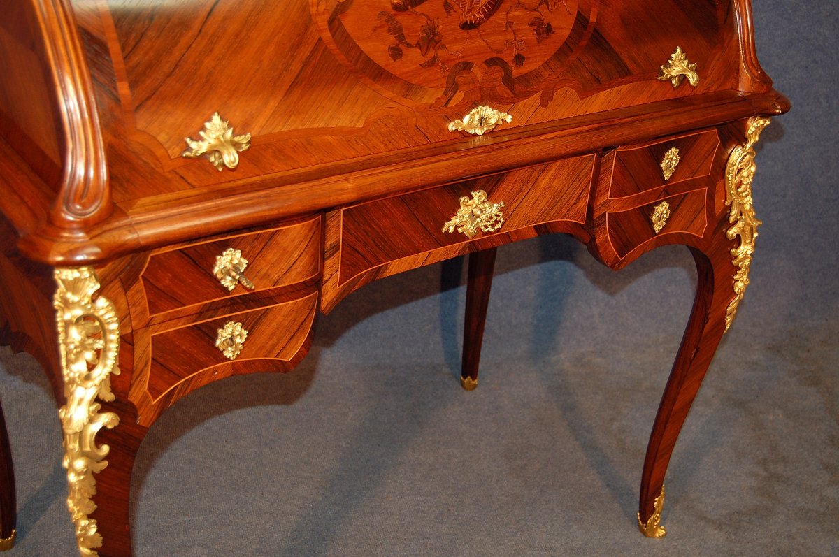 Louis XV Cylinder Desk In Marquetry And Gilt Bronze-photo-3