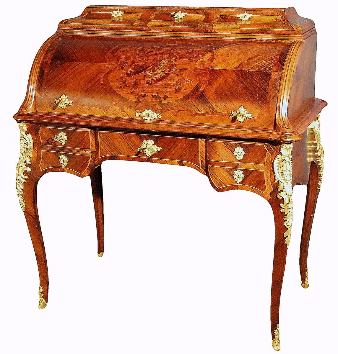 Louis XV Cylinder Desk In Marquetry And Gilt Bronze