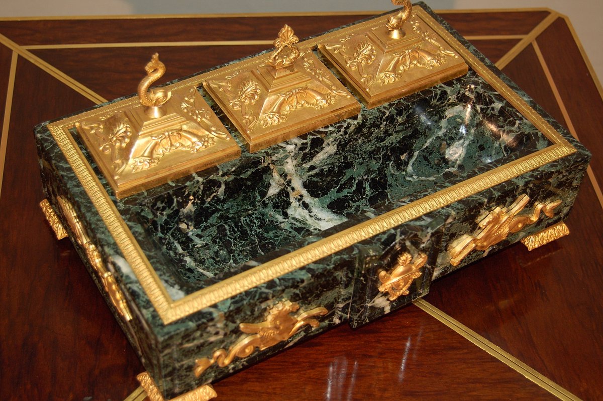 Important Empire Inkwell In Marble And Gilded Bronze With Mercury-photo-4