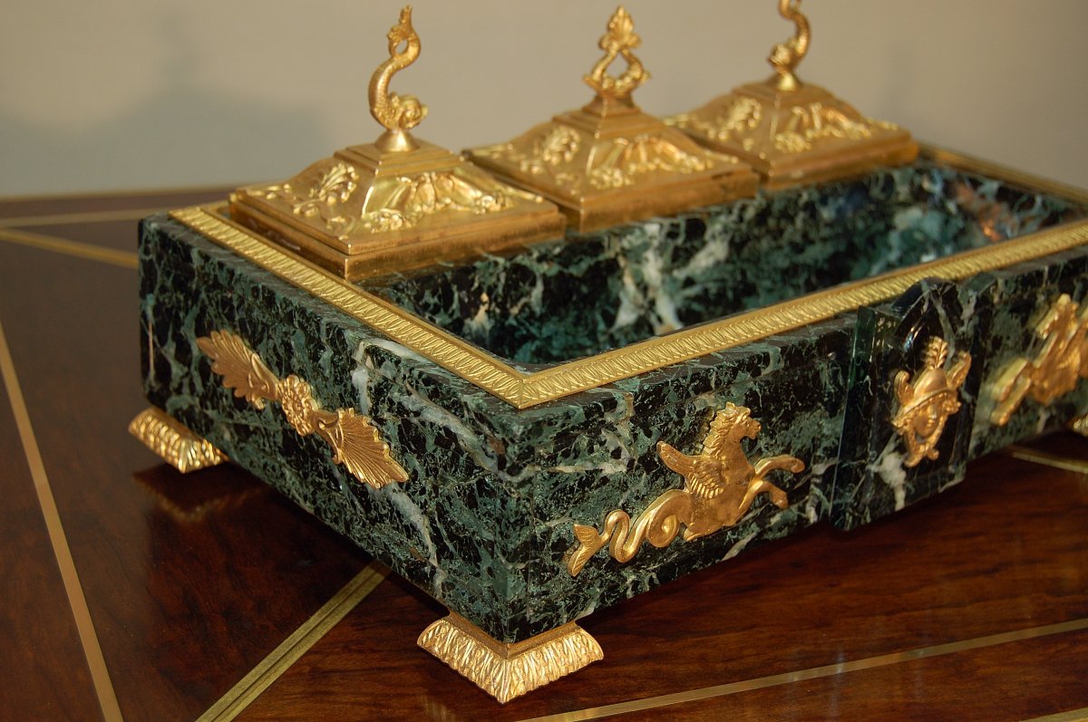 Important Empire Inkwell In Marble And Gilded Bronze With Mercury-photo-4