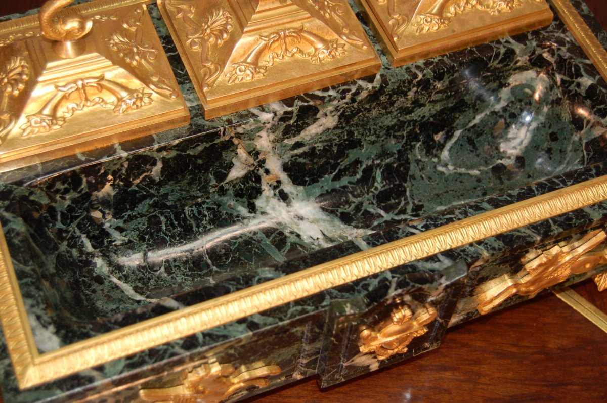 Important Empire Inkwell In Marble And Gilded Bronze With Mercury-photo-5