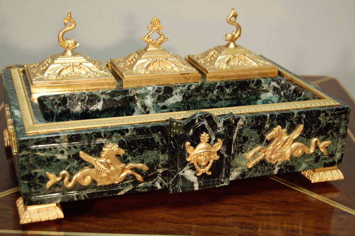 Important Empire Inkwell In Marble And Gilded Bronze With Mercury-photo-6