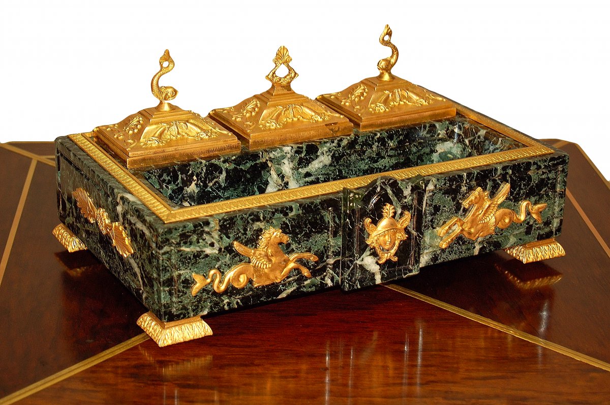 Important Empire Inkwell In Marble And Gilded Bronze With Mercury