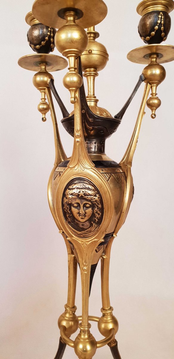 Henri Picard (1840-1890), Important Pendulum And Candelabra Neo-etruscan Style-photo-1