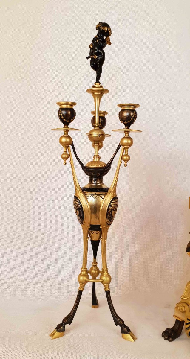 Henri Picard (1840-1890), Important Pendulum And Candelabra Neo-etruscan Style-photo-7