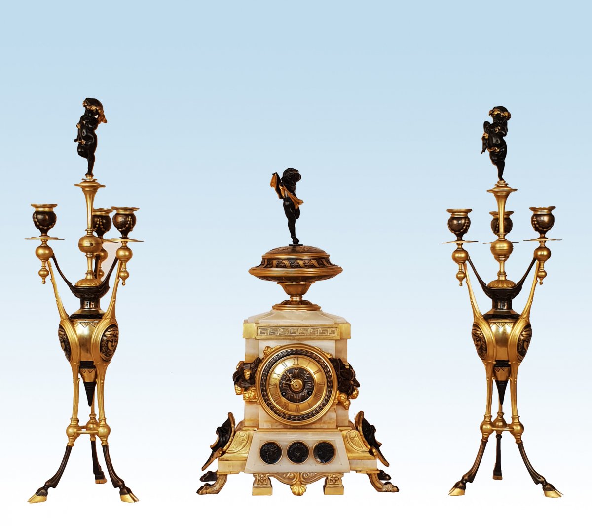 Henri Picard (1840-1890), Important Pendulum And Candelabra Neo-etruscan Style