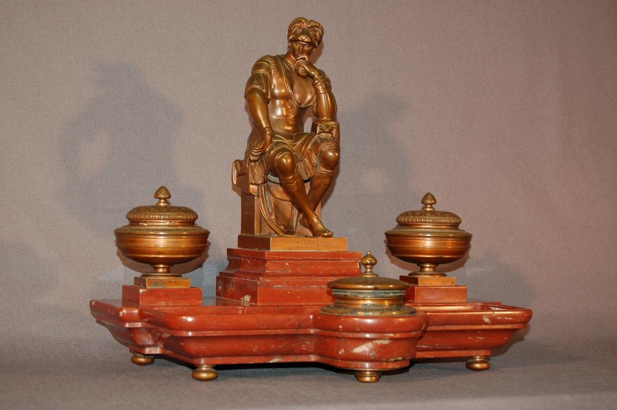 Important Inkwell, After Michelangelo Laurent De Medici, In Bronze And Red Marble-photo-3