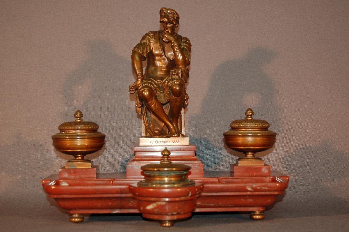 Important Inkwell, After Michelangelo Laurent De Medici, In Bronze And Red Marble-photo-4