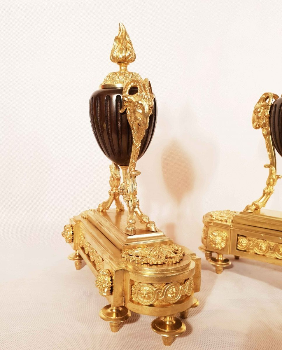 Andirons With Rams In Gilt Bronze And Patinated Louis XVI Nineteenth-photo-2