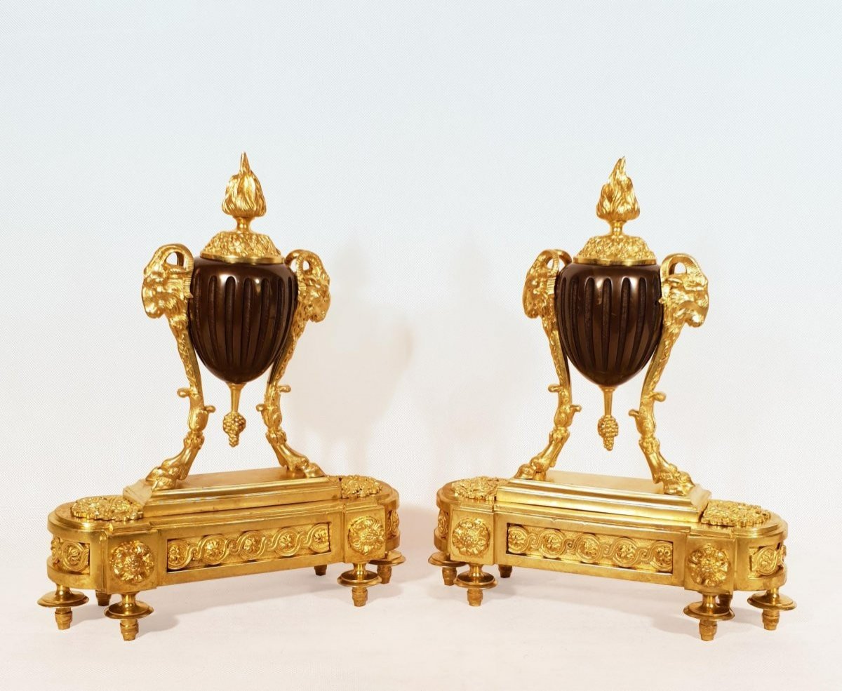 Andirons With Rams In Gilt Bronze And Patinated Louis XVI Nineteenth