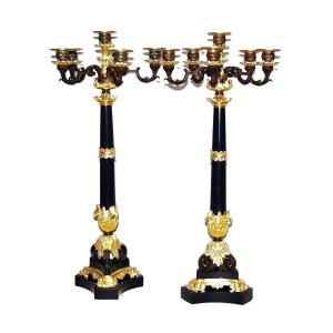 Pair Of Candelabra In Gilt And Patinated Bronze (h 71 Cm)