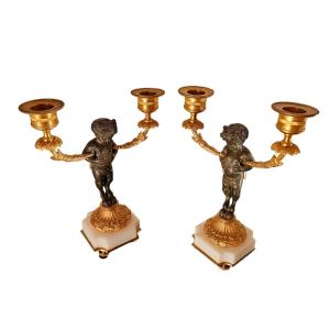 Pair Of Bronze And Marble Faun Candelabras 19th Century