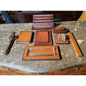 Desk Kit In Saddler Piqué Leather And Cut Glass 8 Pieces Dlg Hermès