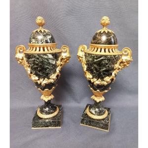 Pair Of Covered Cassolettes In Marble And Gilt Bronze 19th Century