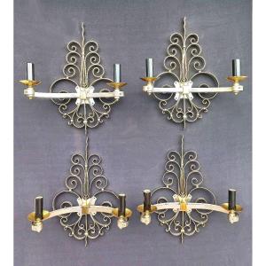 Suite Of Four Sconces In Golden Brass Circa 1940