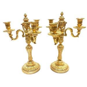 Pair Of 19th Century Candelabra In Gilt And Chiseled Bronze
