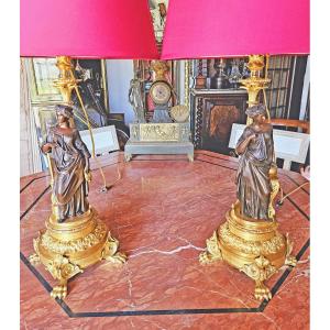 Henri Picard Pair Of Gilt And Patinated Bronze “aux Vestales” Lamps Signed