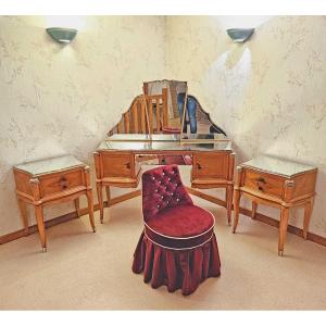 1950s Sycamore Marquetry Dressing Table Seat And Bedside Tables