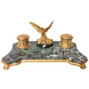 Inkwell In Green Swedish Marble And Gilded Bronze