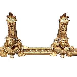 Pair Of Andirons With Mascarons, Gilt Bronze