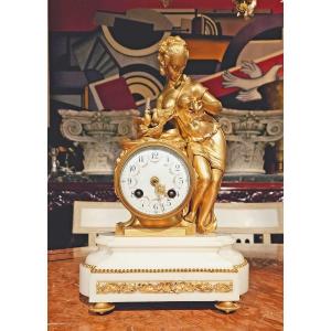 Louis XVI Style Gilt Bronze And White Marble Clock