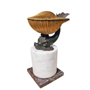 Bronze Inkwell, Early 19th Century, With Dolphin And Shell