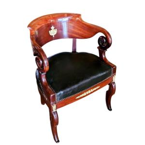 Restoration Office Chair In Mahogany, Leather And Gilt Bronze