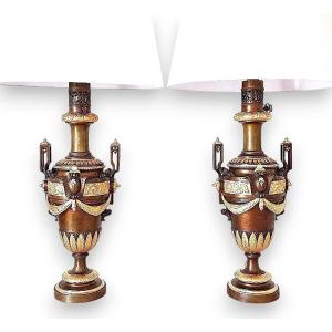 Important Pair Of 19th Century Patinated And Gilded Bronze Lamps