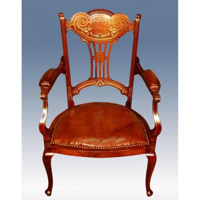 Fauteuil Anglais Palissandre Marqueté De Laiton  époque XIX