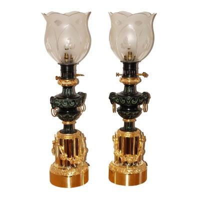 Important Pair Of Gilt Bronze Lamps With Mercury Nineteenth Century