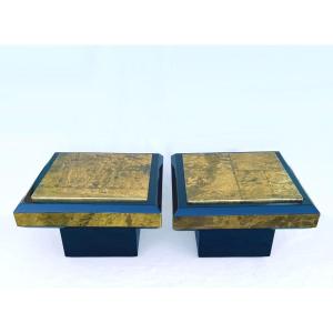 Pair Of Side Tables In Lacquer And Gold Leaf 70's