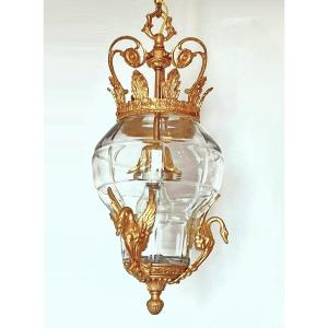 Cut Glass And Gilt Bronze Lantern "with Crown And Swans"