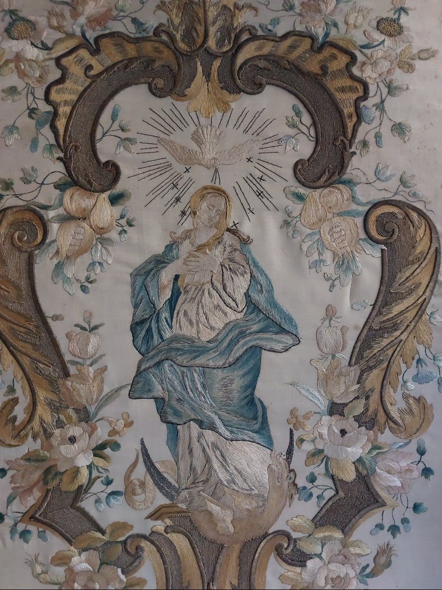 Embroidery On Silk 18th Century Virgin