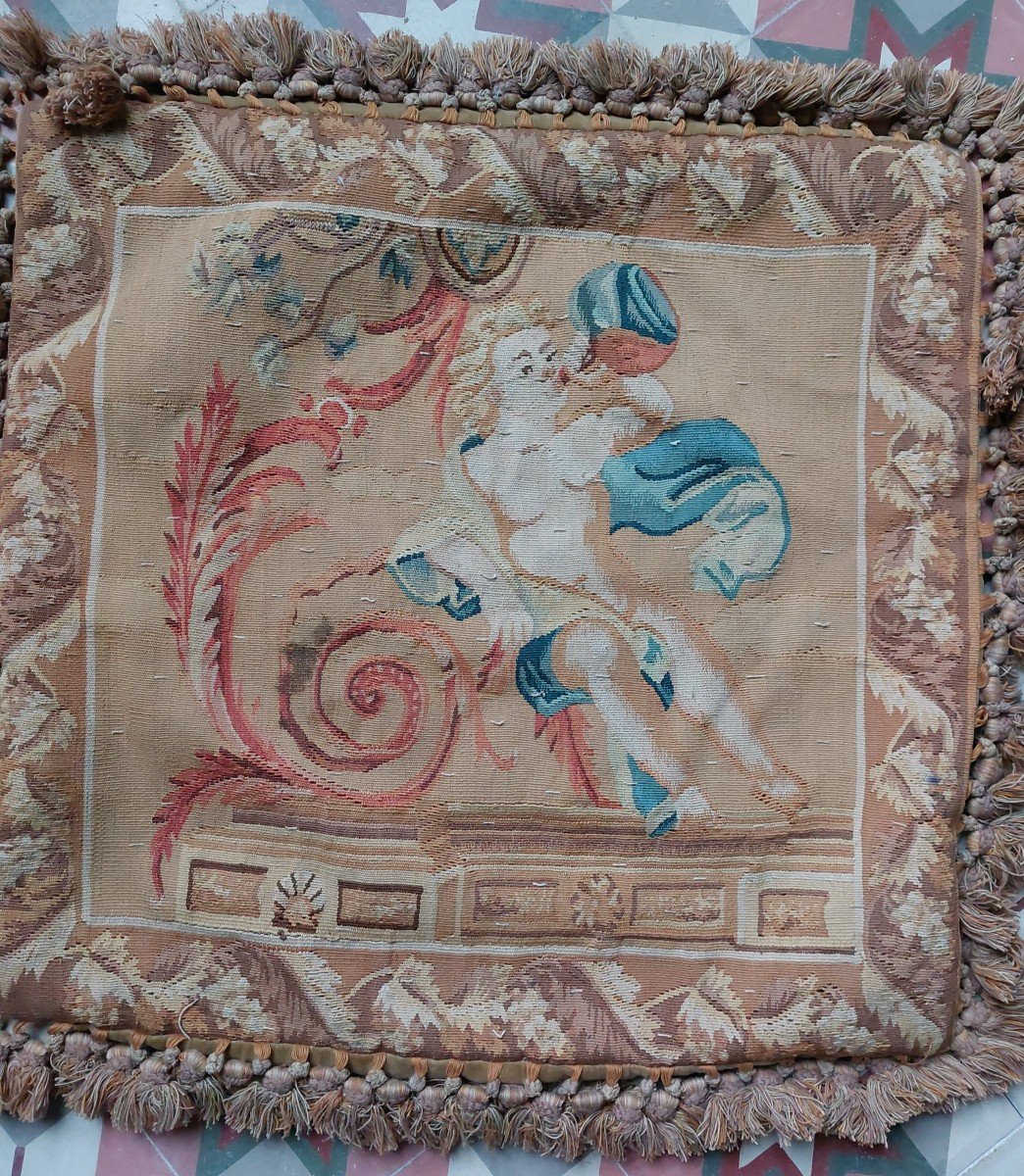 Aubusson Tapestry Cushion 18th Century Cherub-photo-3