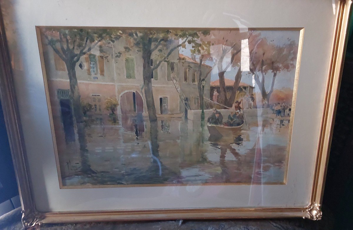 Watercolor Avignon Under Water Signed R Leverd-photo-2