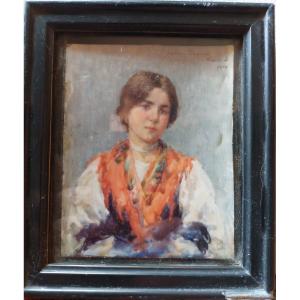 Miniature Portrait Young Gypsy Early 20th Century Signed Walter 