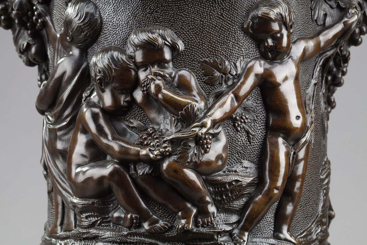 Bronze Vase Decorated With Putti Harvesters, In The Taste Of Clodion, 19th Century-photo-3