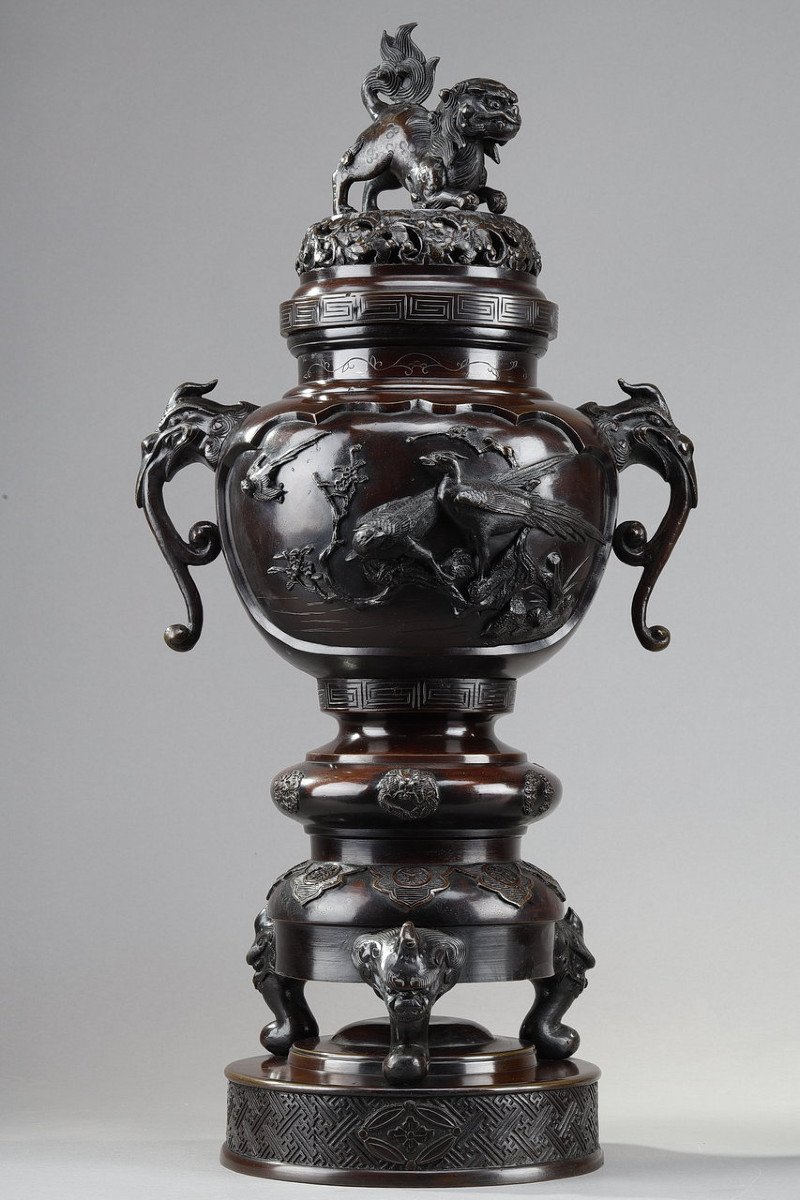Pair Of Perfume Burners In Patinated Bronze Decorated With Fô Dogs And Dragons, 20th Century -photo-3
