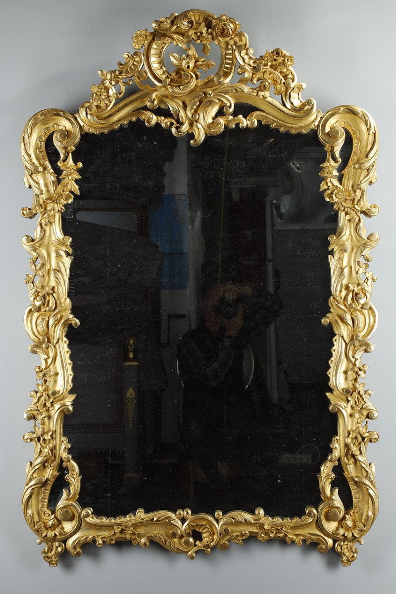 Large Rocaille Mirror With Glazing Beads In Golden Wood Louis XV Style-photo-2