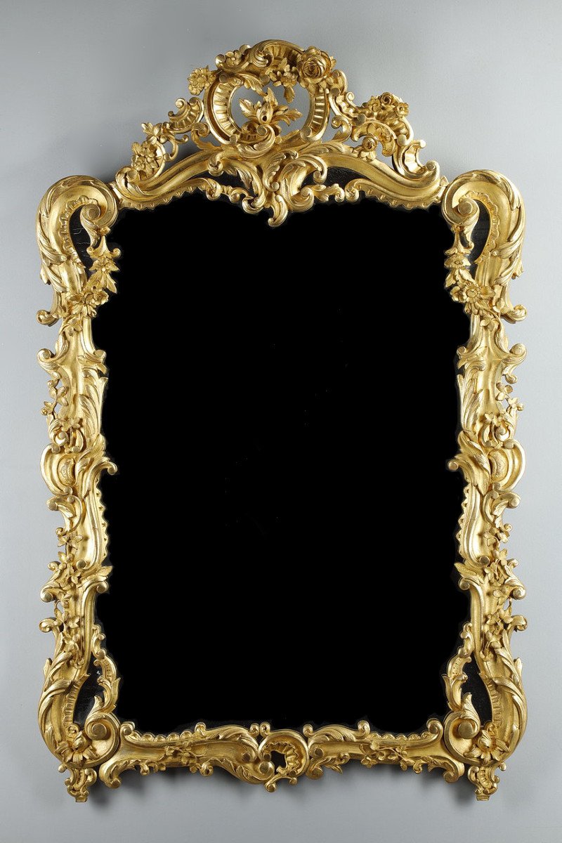 Large Rocaille Mirror With Glazing Beads In Golden Wood Louis XV Style