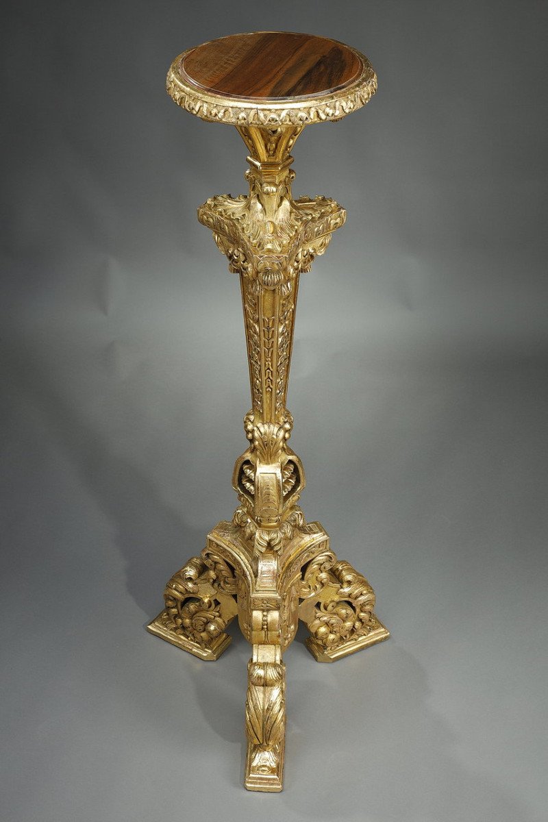 Large Tripod Column In Gilded Wood,  Louis XIV Style, 19th Century-photo-4