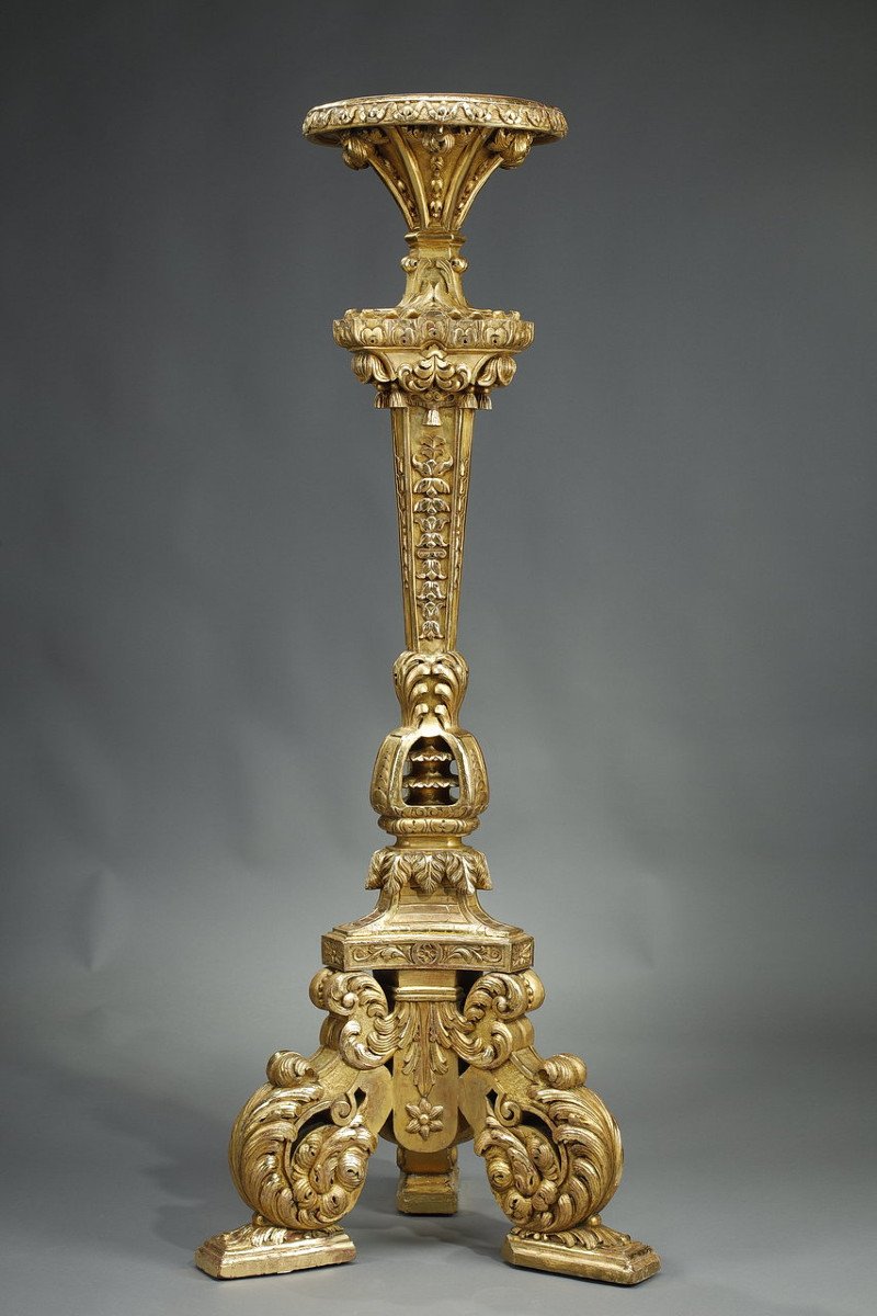 Large Tripod Column In Gilded Wood,  Louis XIV Style, 19th Century