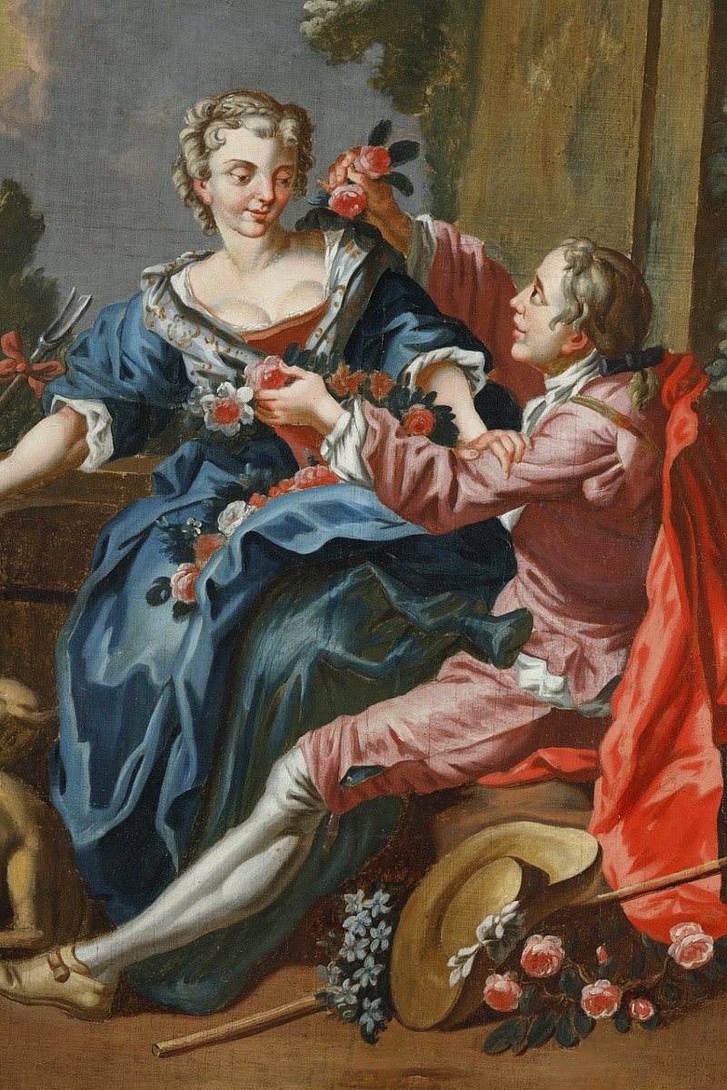 "Le Pasteur Galant", Huile sur toile d'après François Boucher, XIXe siècle-photo-3