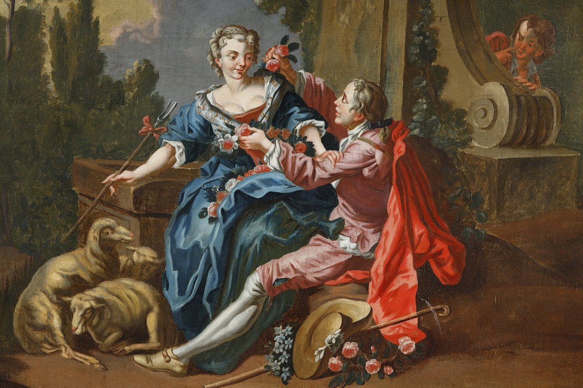 "Le Pasteur Galant", Huile sur toile d'après François Boucher, XIXe siècle-photo-2