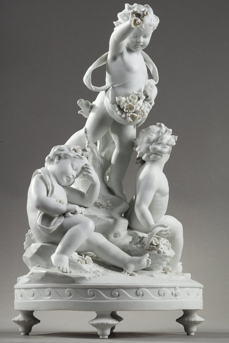 Porcelain Biscuit Group "putti With Garlands And Basket Of Flowers"-photo-4