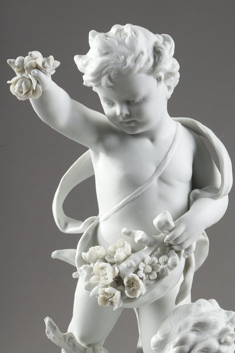 Porcelain Biscuit Group "putti With Garlands And Basket Of Flowers"-photo-2