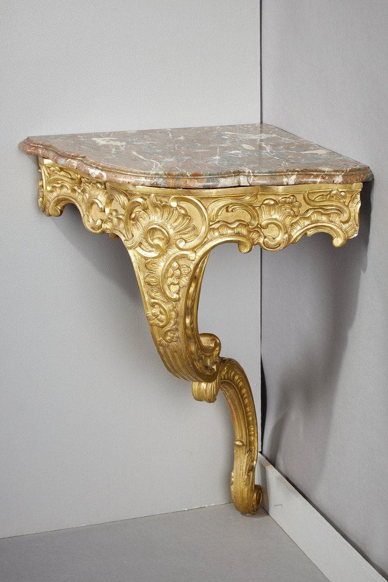 Console d'Angle De Style Louis XV En Bois Doré Et Plateau En Marbre Brèche, XIXe-photo-3