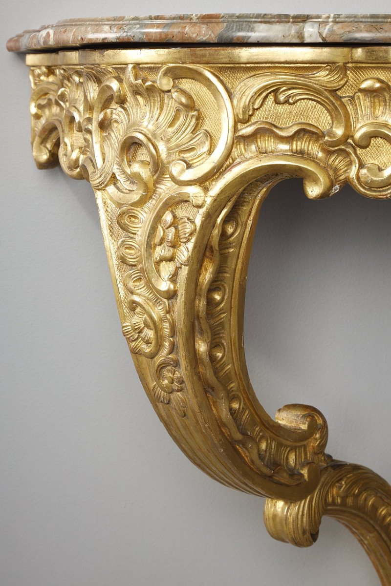 Louis XV Style Corner Console In Golden Wood And Breccia Marble Top, 19th-photo-4