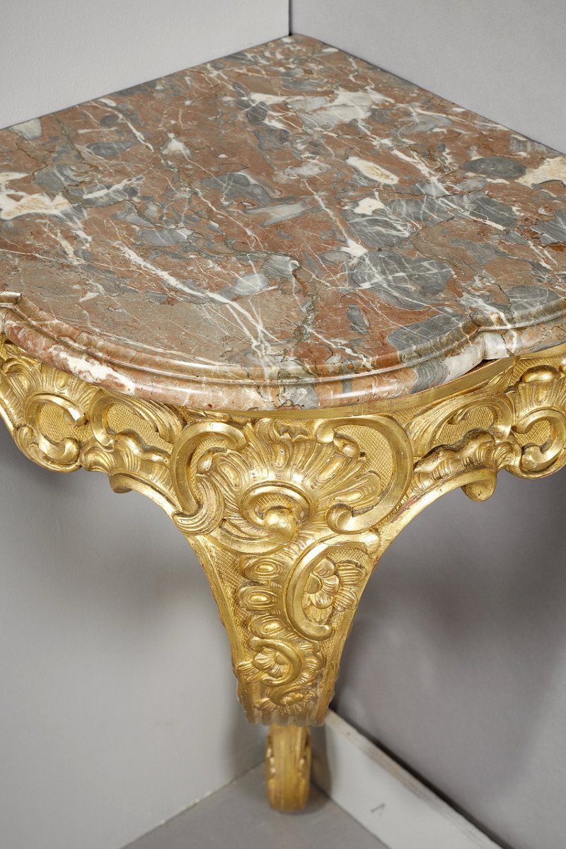 Console d'Angle De Style Louis XV En Bois Doré Et Plateau En Marbre Brèche, XIXe-photo-1